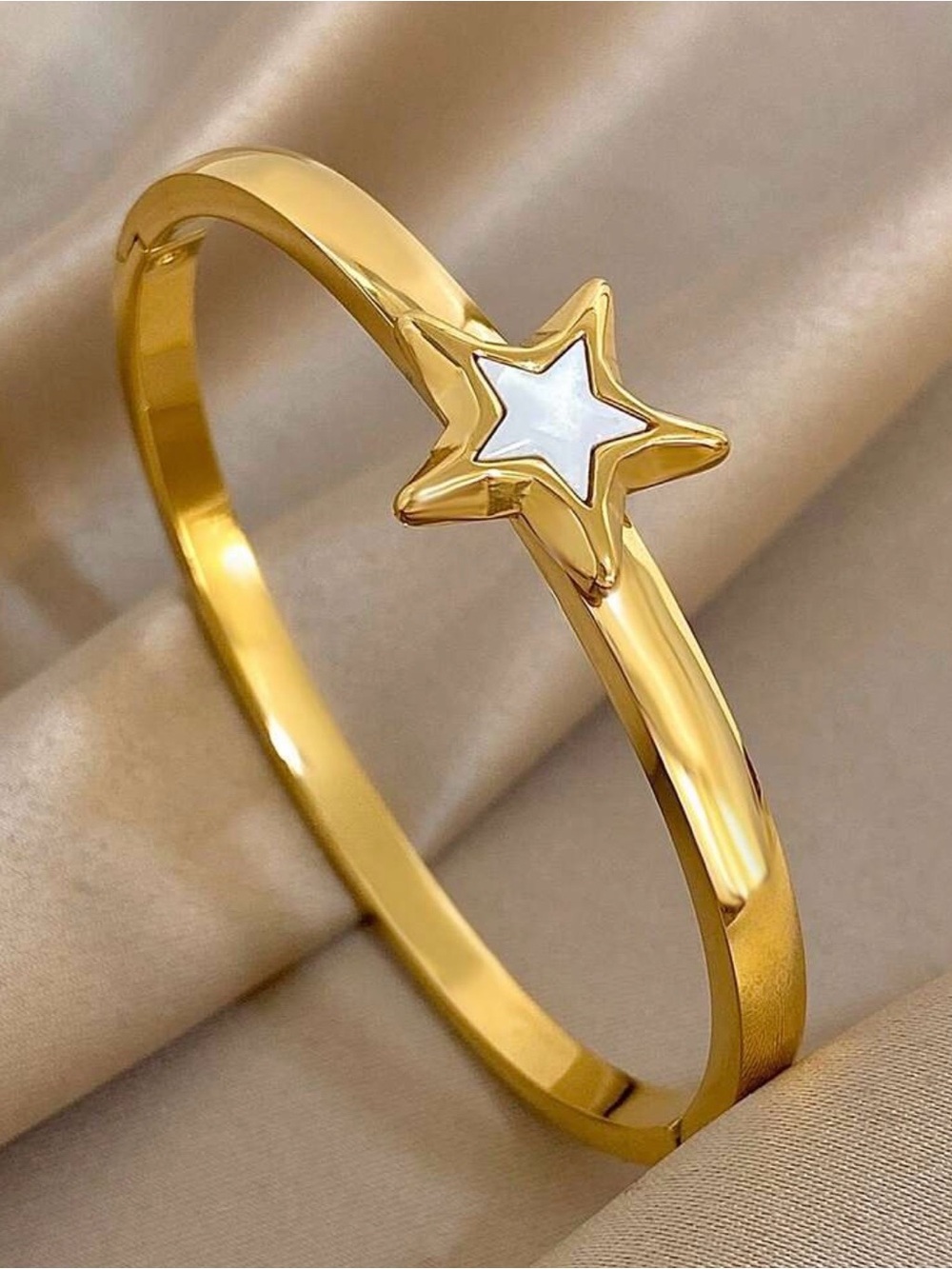 Gold Star Accent Bangle Bracelet with Mother of Pearl Inlay